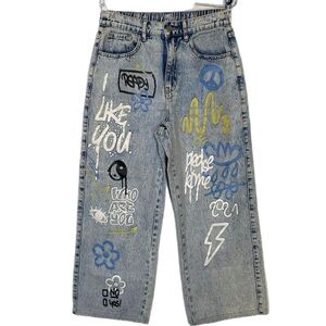 Graphic Paint Straight Leg Jeans Cropped Light Wash Blue Women’s 6 Medium